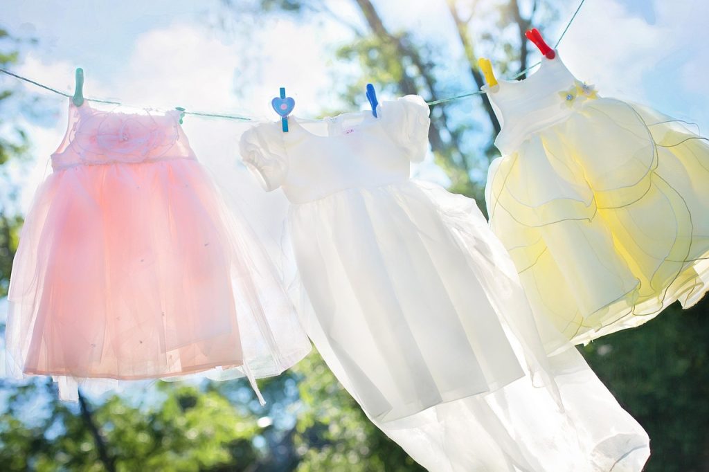 clothesline, little girl dresses, laundry, hang, clothespins, clean, airy, washed clothes, clothing, dresses, children's clothes, clothes